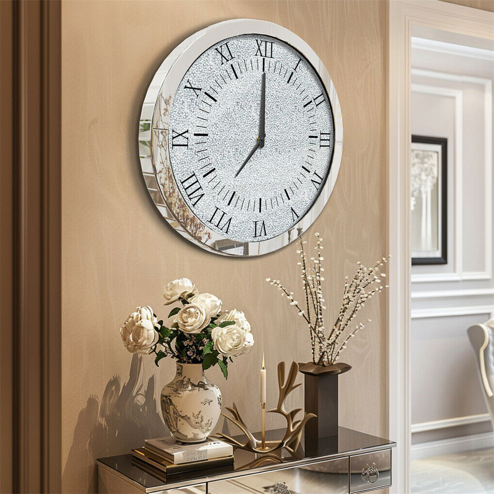 Large Silver Wall Clock Twinkle Crushed Diamond Mirrored Clock With Beveled Edge view 3
