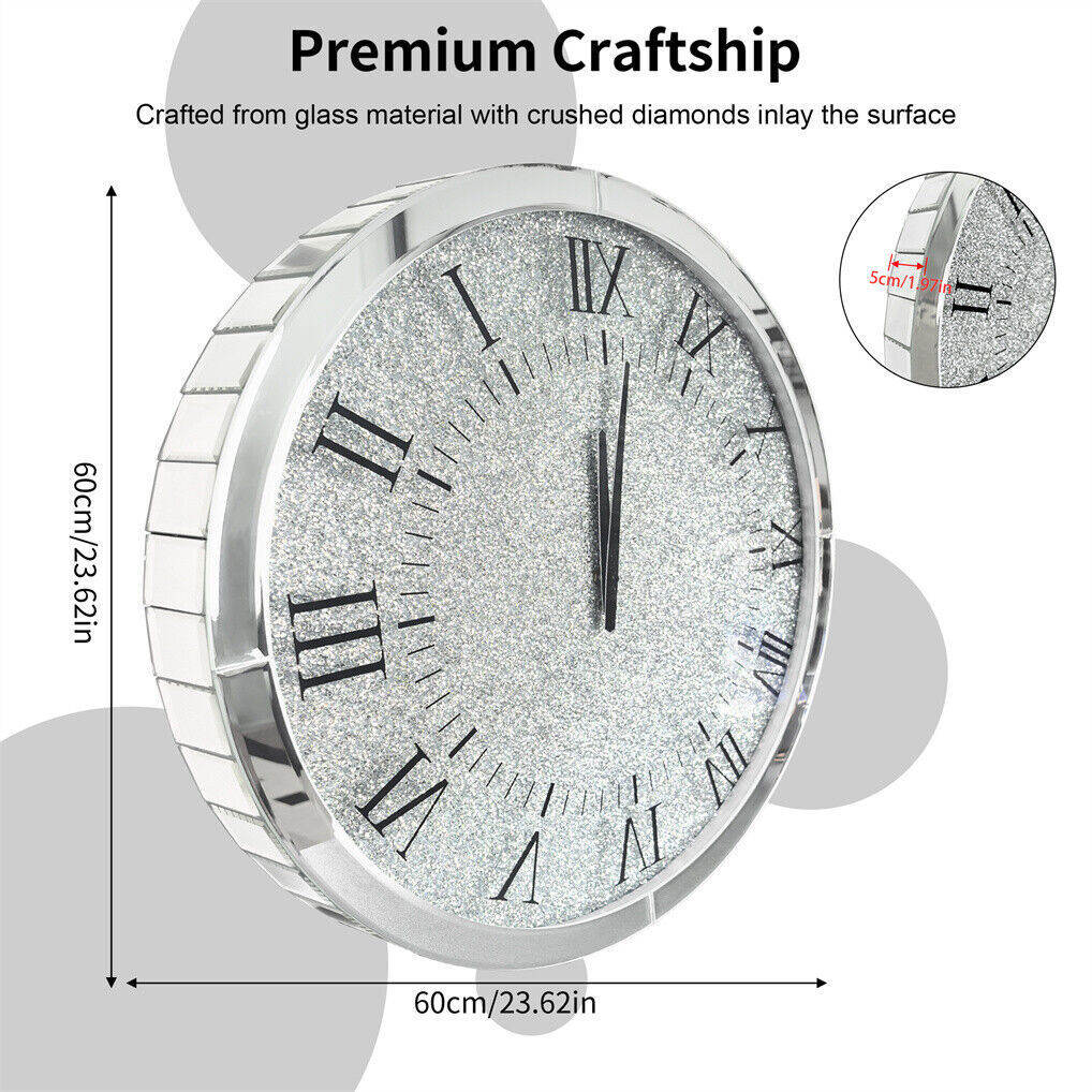 Large Silver Wall Clock Twinkle Crushed Diamond Mirrored Clock With Beveled Edge view 4
