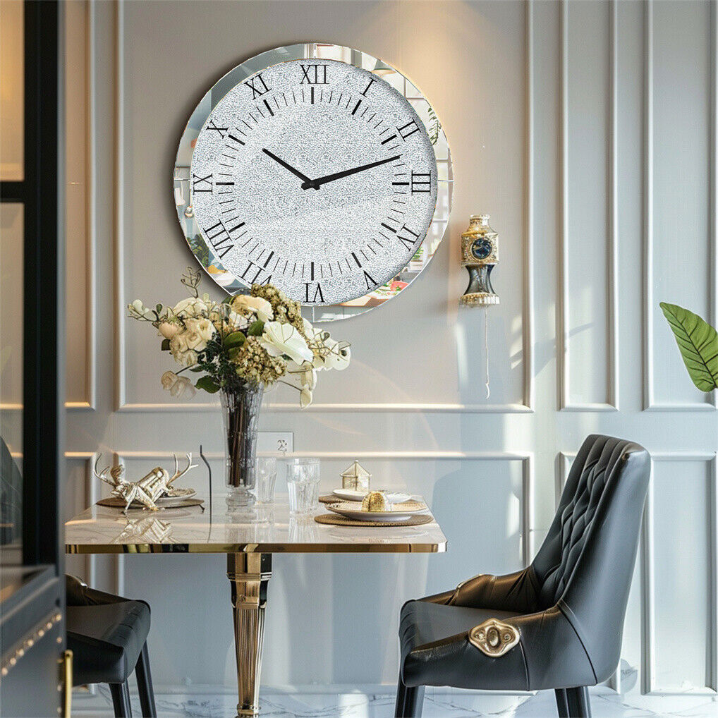 Large Silver Wall Clock Twinkle Crushed Diamond Mirrored Clock With Beveled Edge view 5