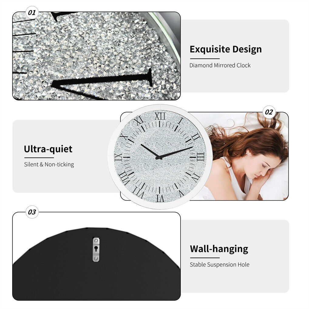Large Silver Wall Clock Twinkle Crushed Diamond Mirrored Clock With Beveled Edge view 6