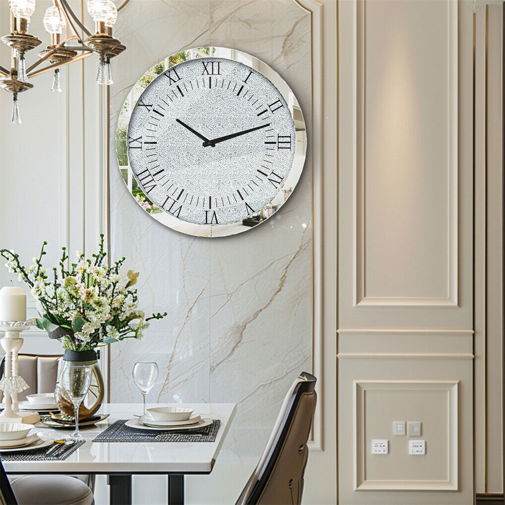 Large Silver Wall Clock Twinkle Crushed Diamond Mirrored Clock With Beveled Edge view 7