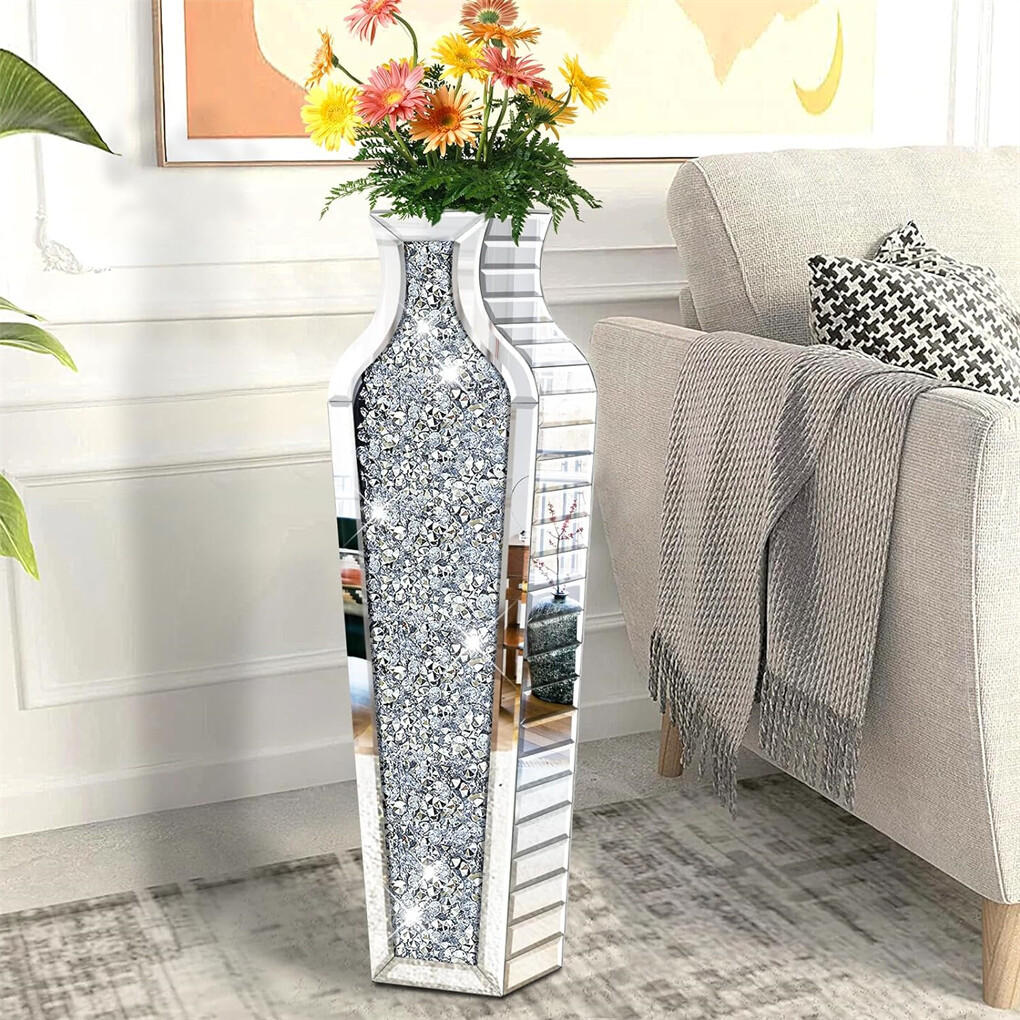 Sparkling Crushed Diamond Mirrored Floor Vase Tall Silver Glass Fake Flower Vase view 2