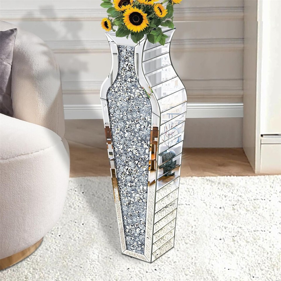 Sparkling Crushed Diamond Mirrored Floor Vase Tall Silver Glass Fake Flower Vase view 3