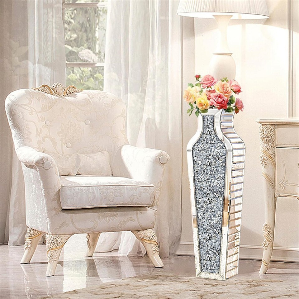 Sparkling Crushed Diamond Mirrored Floor Vase Tall Silver Glass Fake Flower Vase view 4
