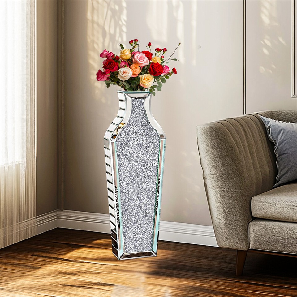 Sparkling Crushed Diamond Mirrored Floor Vase Tall Silver Glass Fake Flower Vase view 5