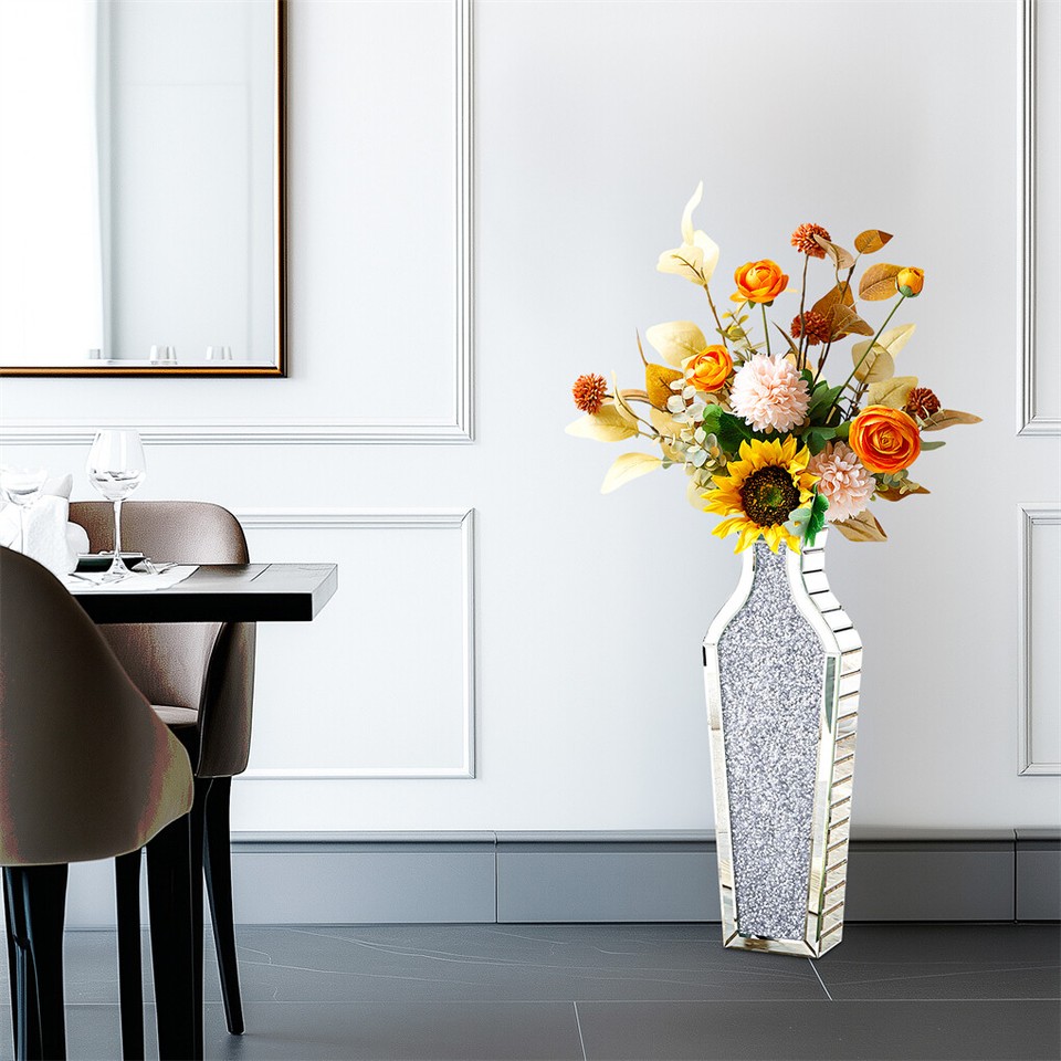Sparkling Crushed Diamond Mirrored Floor Vase Tall Silver Glass Fake Flower Vase view 7