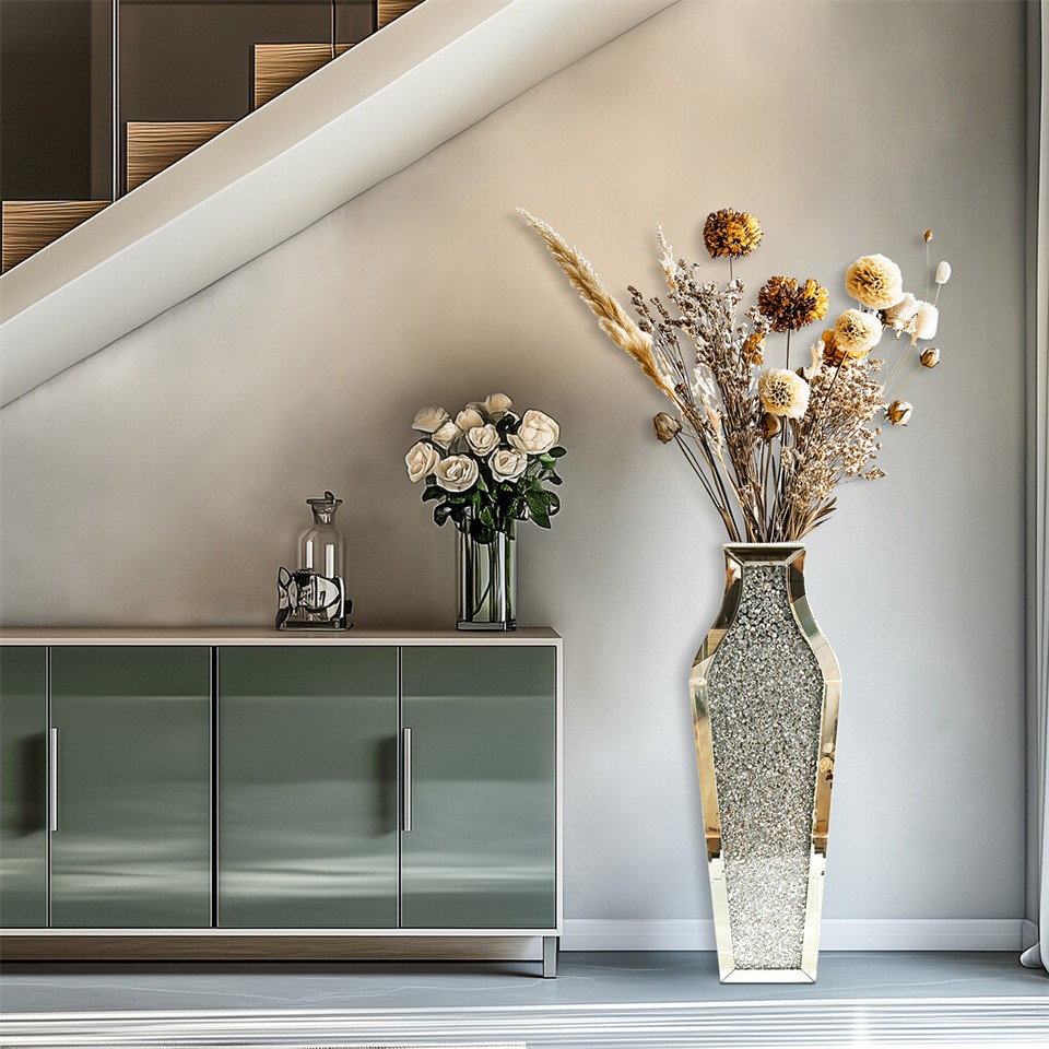 Sparkling Crushed Diamond Mirrored Floor Vase Tall Silver Glass Fake Flower Vase view 8