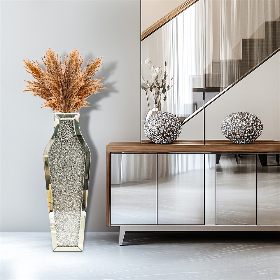 Sparkling Crushed Diamond Mirrored Floor Vase Tall Silver Glass Fake Flower Vase view 9