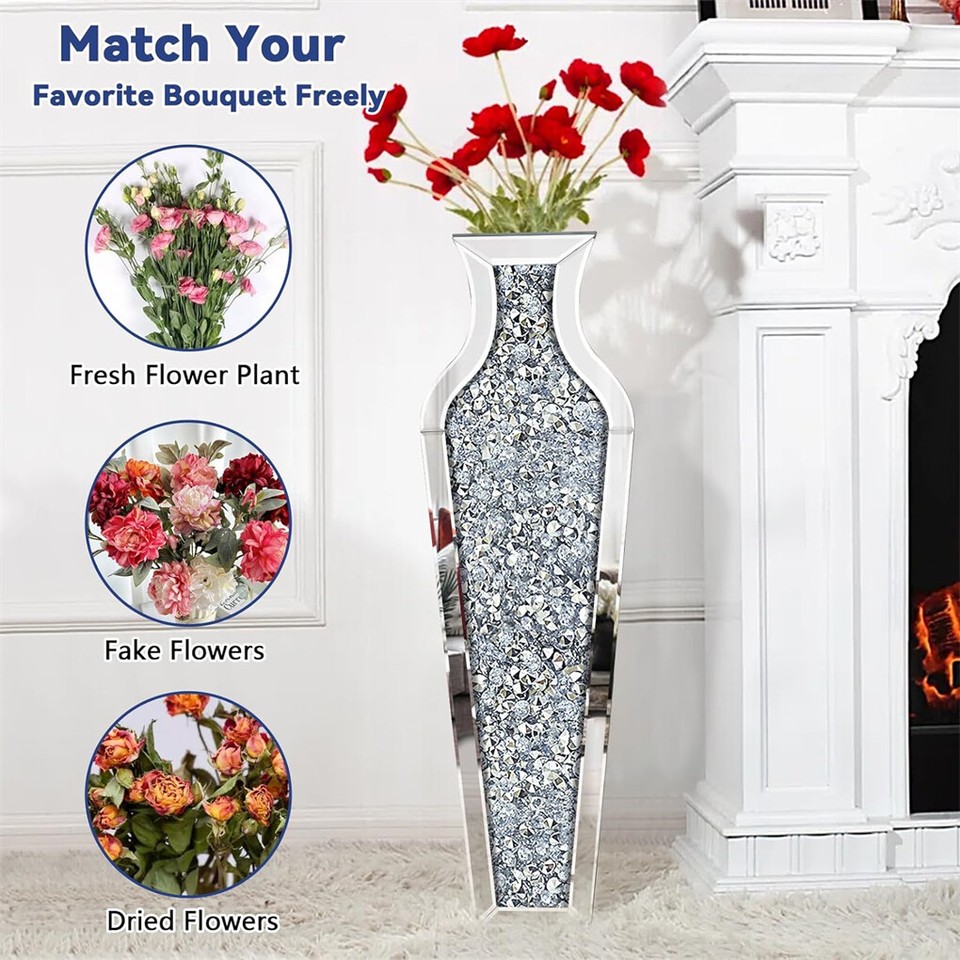 Sparkling Crushed Diamond Mirrored Floor Vase Tall Silver Glass Fake Flower Vase view 10