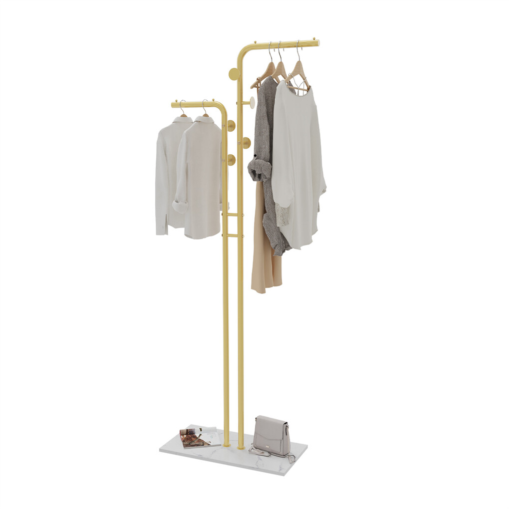 Double Pole Metal Coat Rack with Marble Base - Free Standing Clothes and Hat