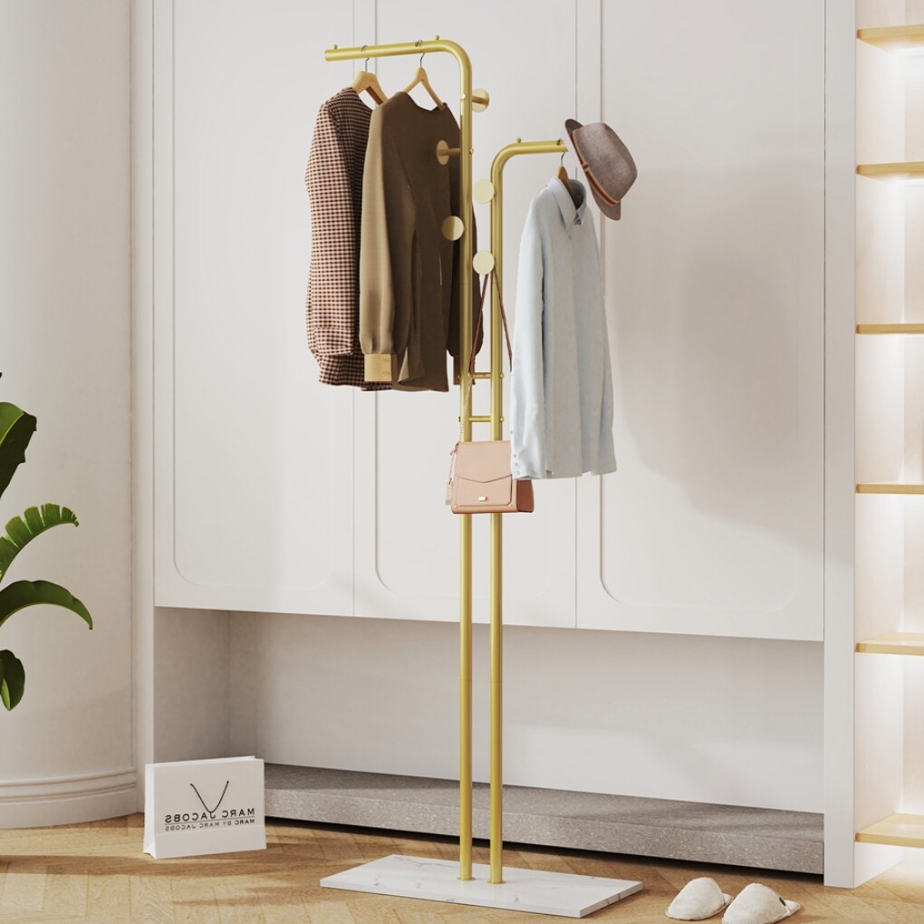 Double Pole Metal Coat Rack with Marble Base - Free Standing Clothes and Hat view 2