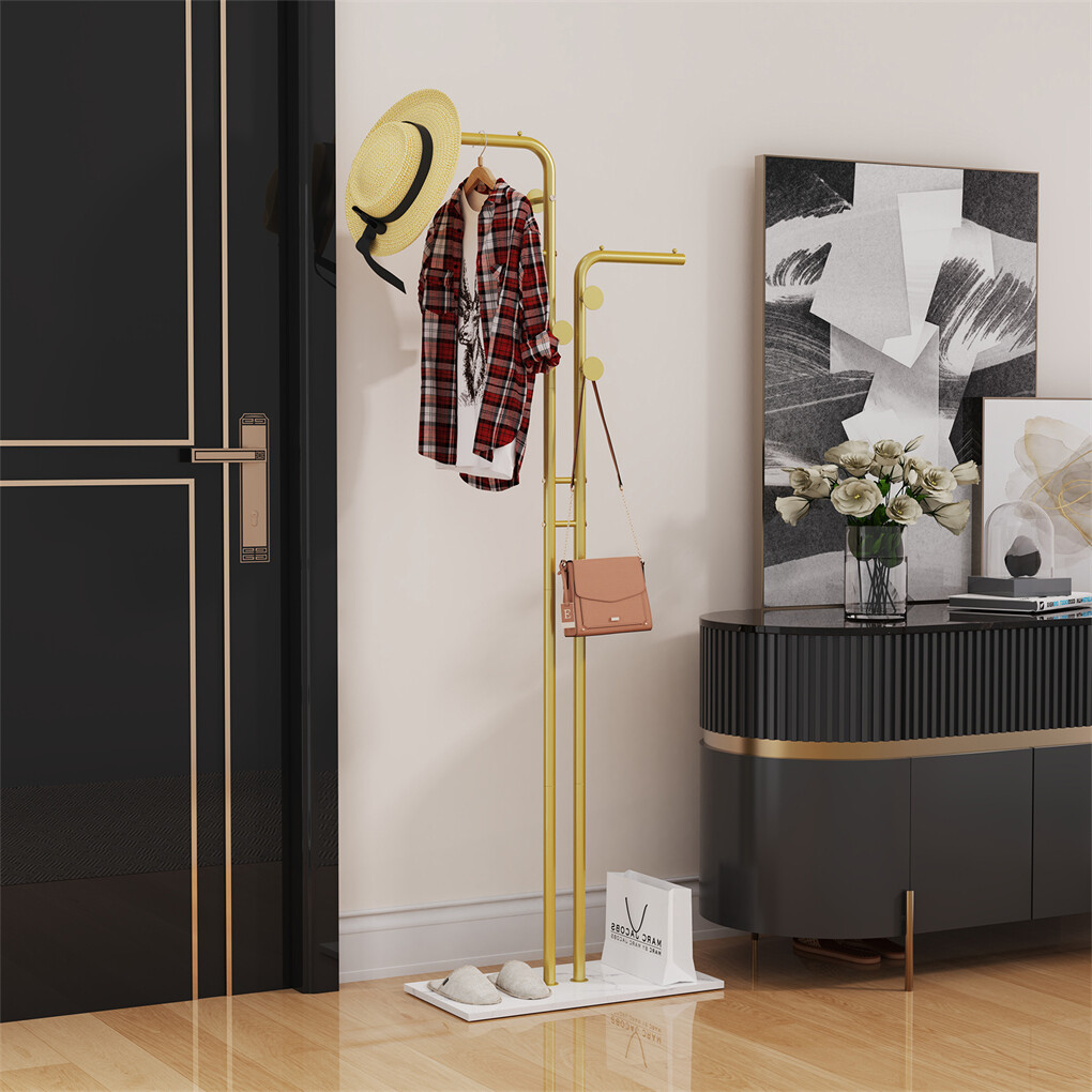 Double Pole Metal Coat Rack with Marble Base - Free Standing Clothes and Hat view 3