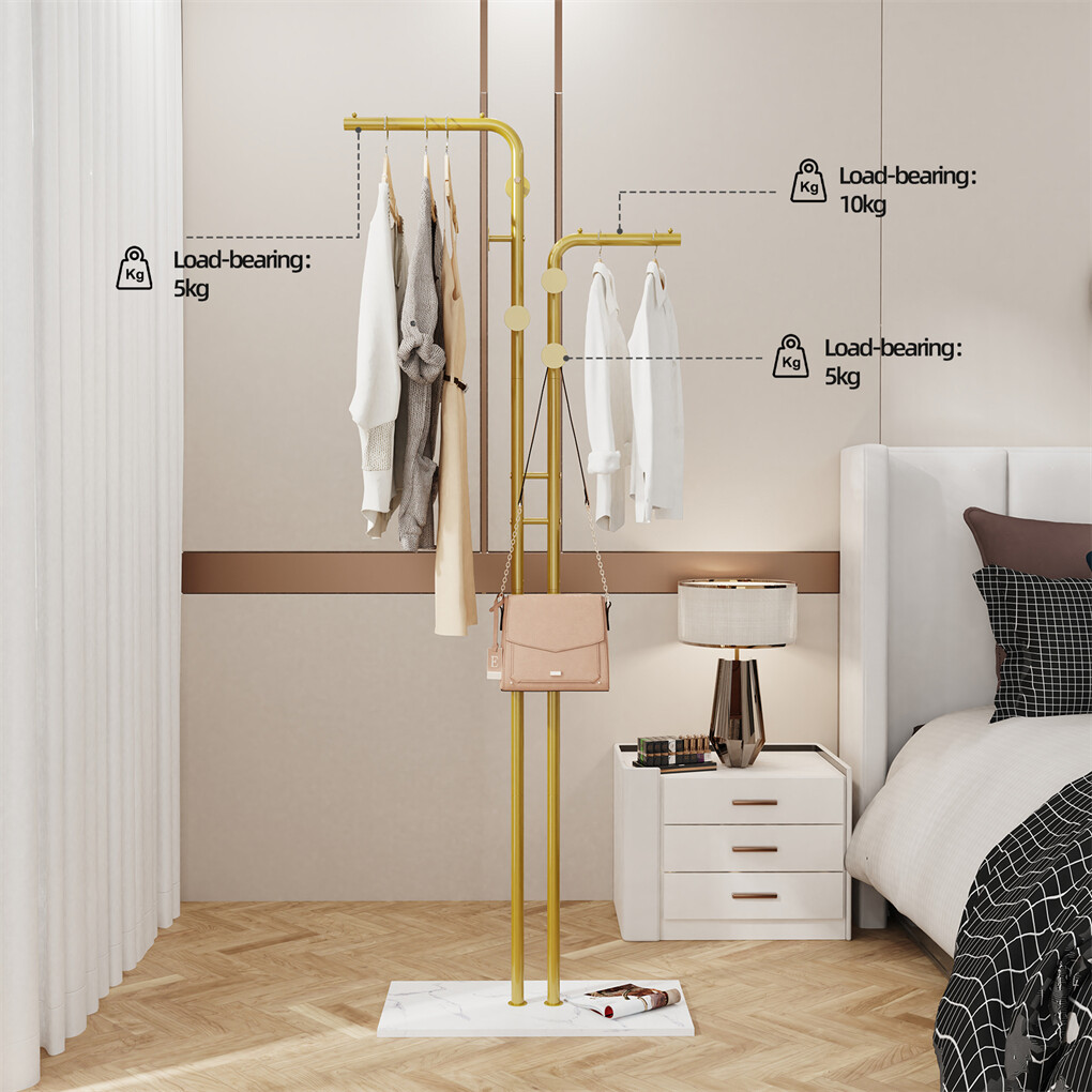 Double Pole Metal Coat Rack with Marble Base - Free Standing Clothes and Hat view 4