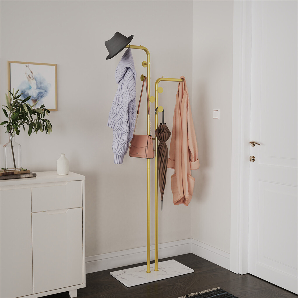 Double Pole Metal Coat Rack with Marble Base - Free Standing Clothes and Hat view 5