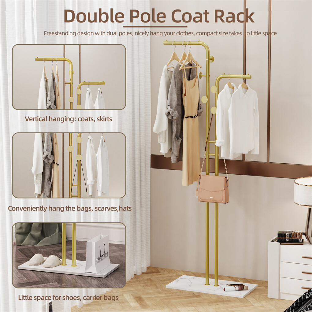 Double Pole Metal Coat Rack with Marble Base - Free Standing Clothes and Hat view 7