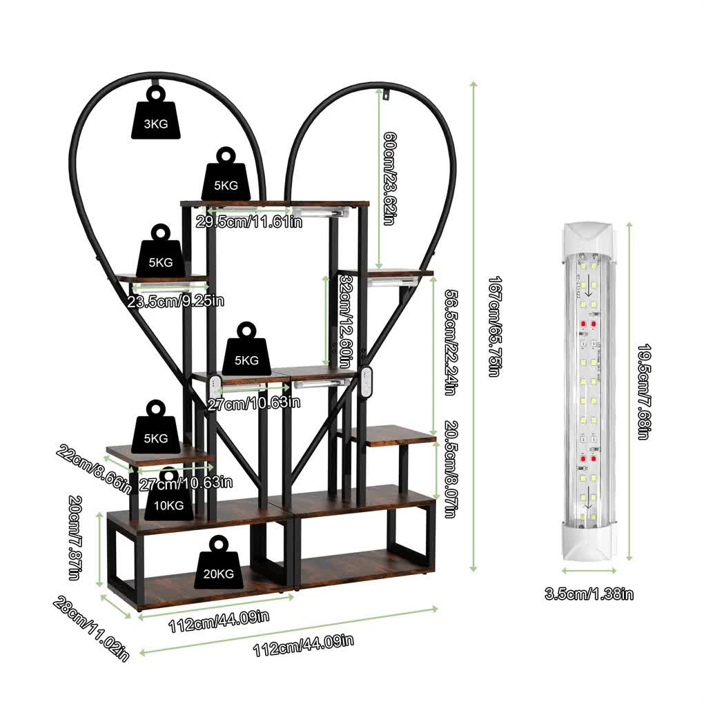 P&P Black & Brown Heart-Shaped Plant Stand with USB Grow Lights for Indoor view 5