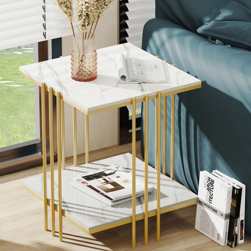 2 Tier End Table Bedside Tables Sintered Stone Nightstand Display Storage Shelf view 2