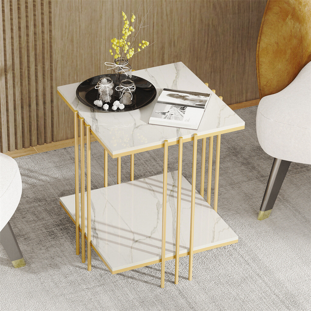 2 Tier End Table Bedside Tables Sintered Stone Nightstand Display Storage Shelf view 3