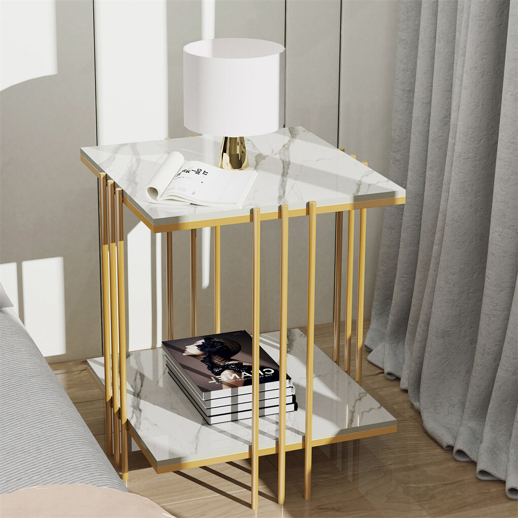 2 Tier End Table Bedside Tables Sintered Stone Nightstand Display Storage Shelf view 4