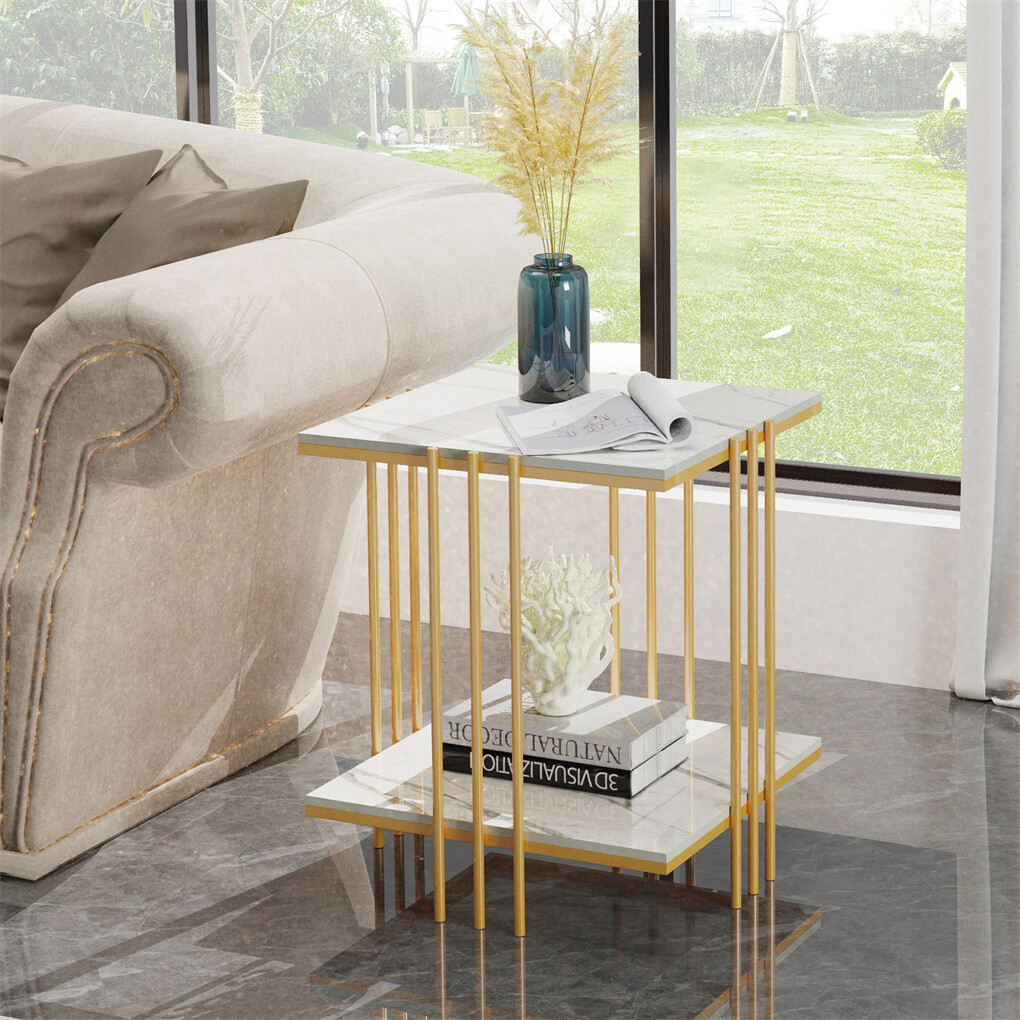 2 Tier End Table Bedside Tables Sintered Stone Nightstand Display Storage Shelf view 7