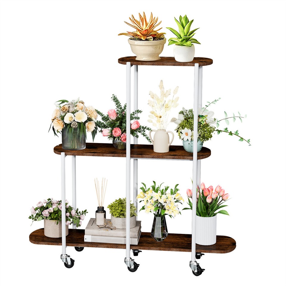 FIN Vintage Plant Holder 3 Tiers Storage Shelf Unit with Lockable Casters Garden — image 1