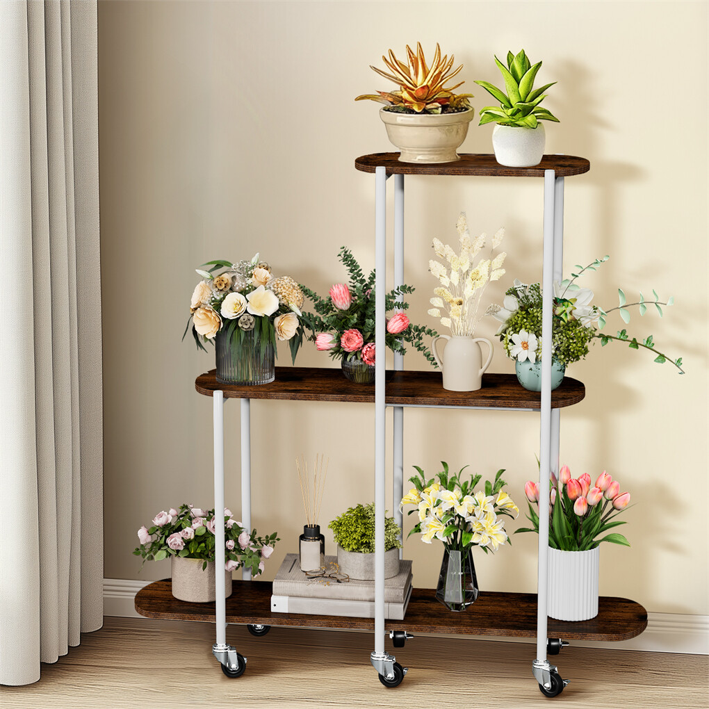 FIN Vintage Plant Holder 3 Tiers Storage Shelf Unit with Lockable Casters Garden view 2