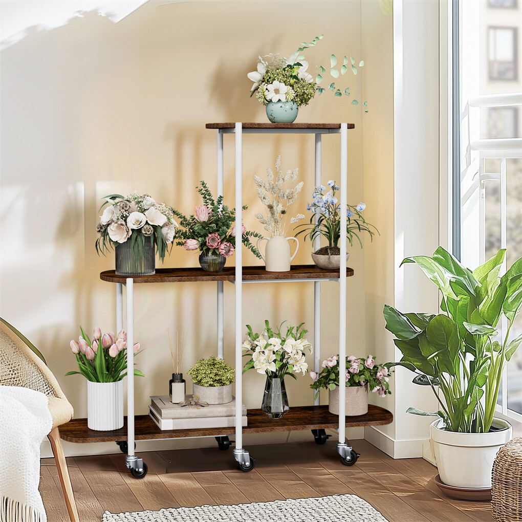 FIN Vintage Plant Holder 3 Tiers Storage Shelf Unit with Lockable Casters Garden view 3
