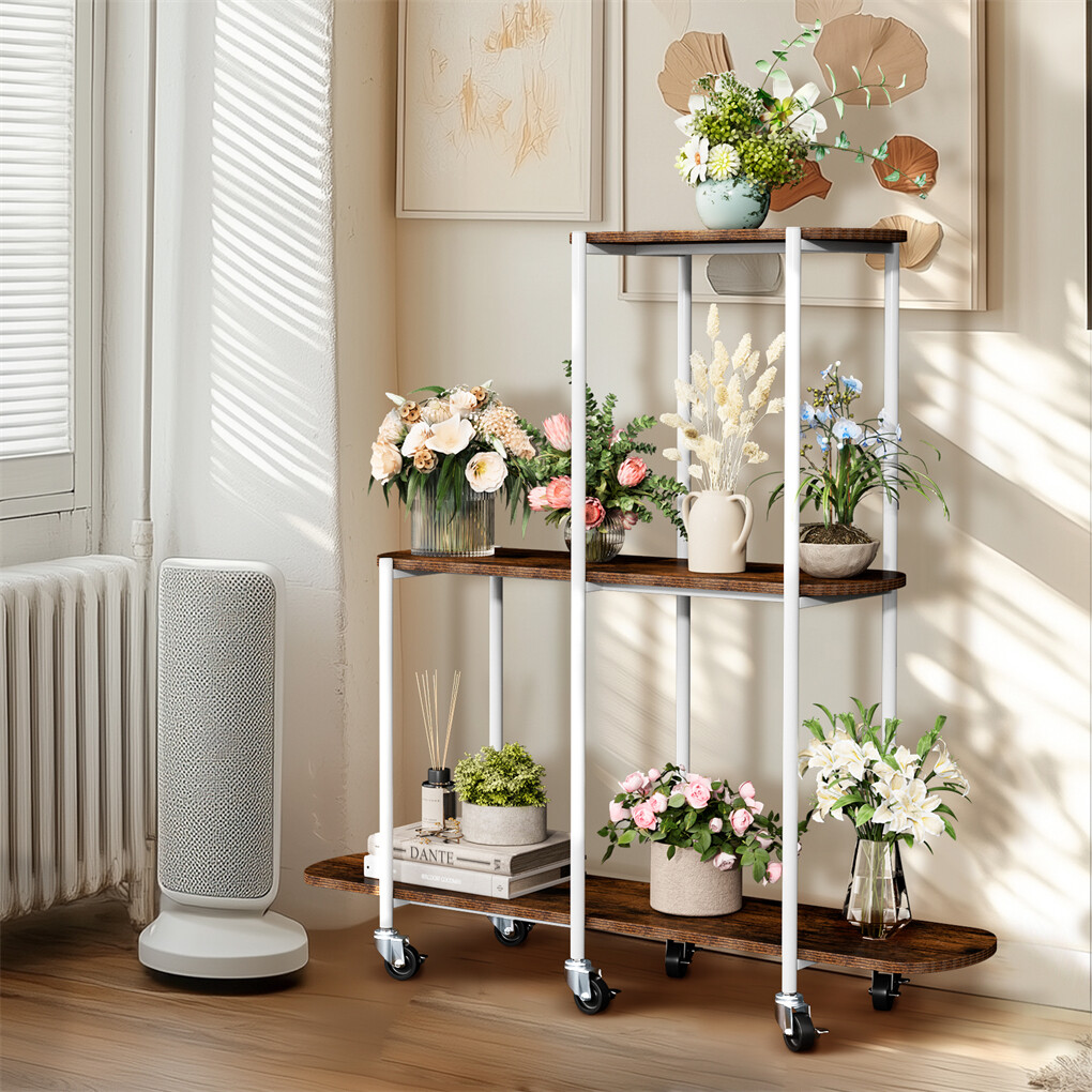 FIN Vintage Plant Holder 3 Tiers Storage Shelf Unit with Lockable Casters Garden view 5
