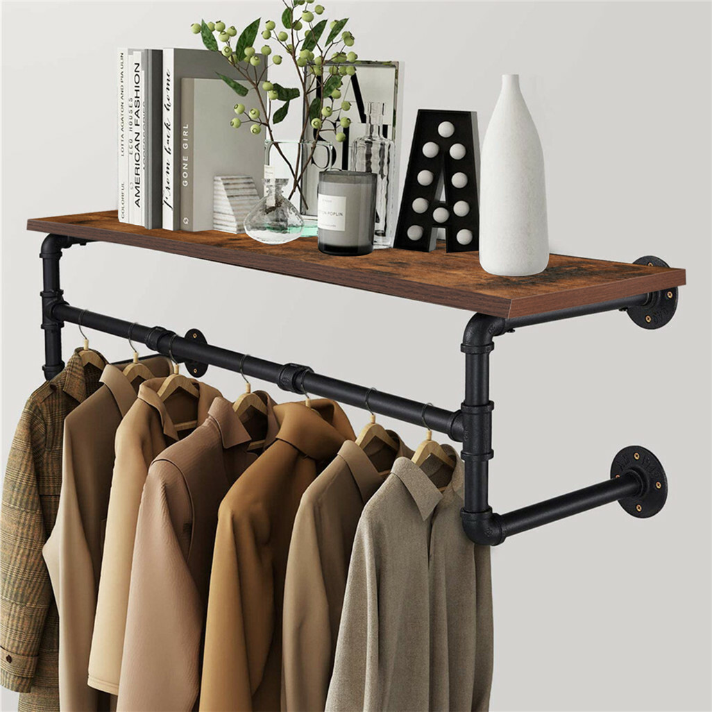Upgraded Heavy Duty Pipe Clothes Rack Iron Garment Hanging Bar with Top Shelf view 2