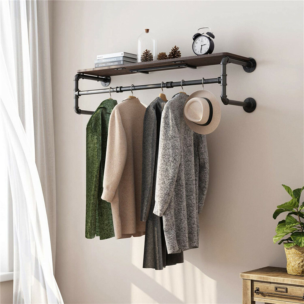 Upgraded Heavy Duty Pipe Clothes Rack Iron Garment Hanging Bar with Top Shelf view 4