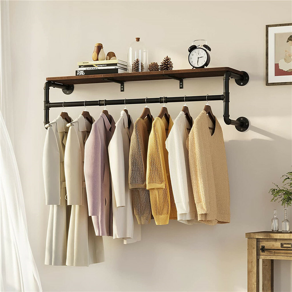 Upgraded Heavy Duty Pipe Clothes Rack Iron Garment Hanging Bar with Top Shelf view 5