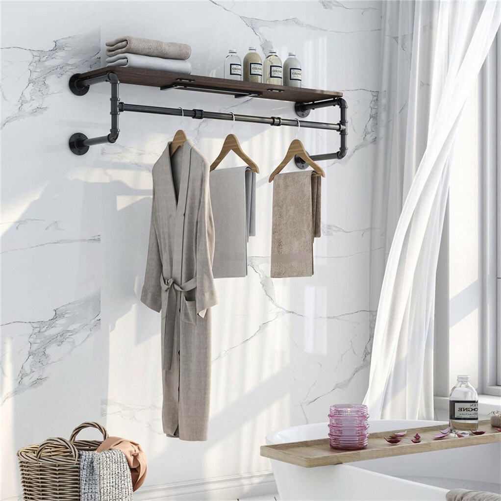 Upgraded Heavy Duty Pipe Clothes Rack Iron Garment Hanging Bar with Top Shelf view 6