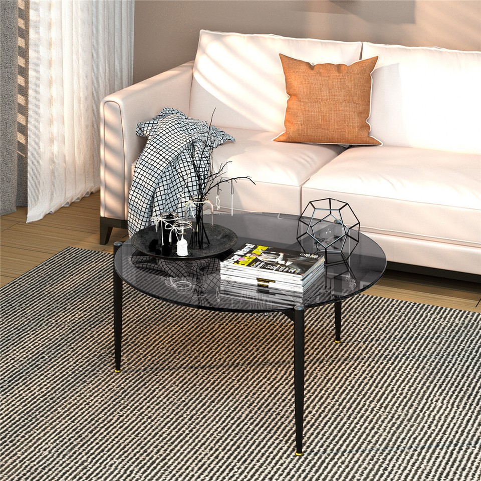 Chic Round Glass Coffee Table with Metal Legs view 2
