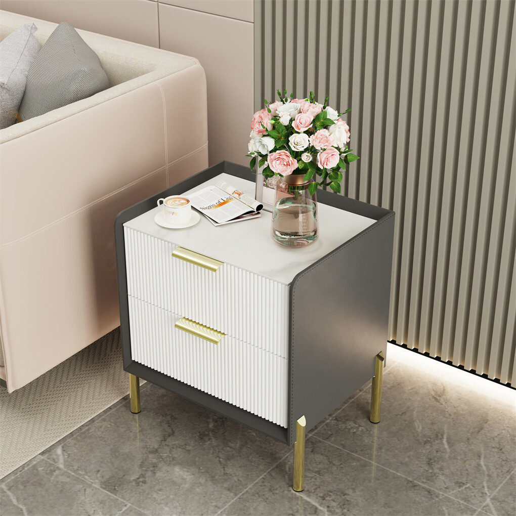 3 Tier Leather Sides Bedside Table Wooden Nighstand Marble Top Luxury Furniture