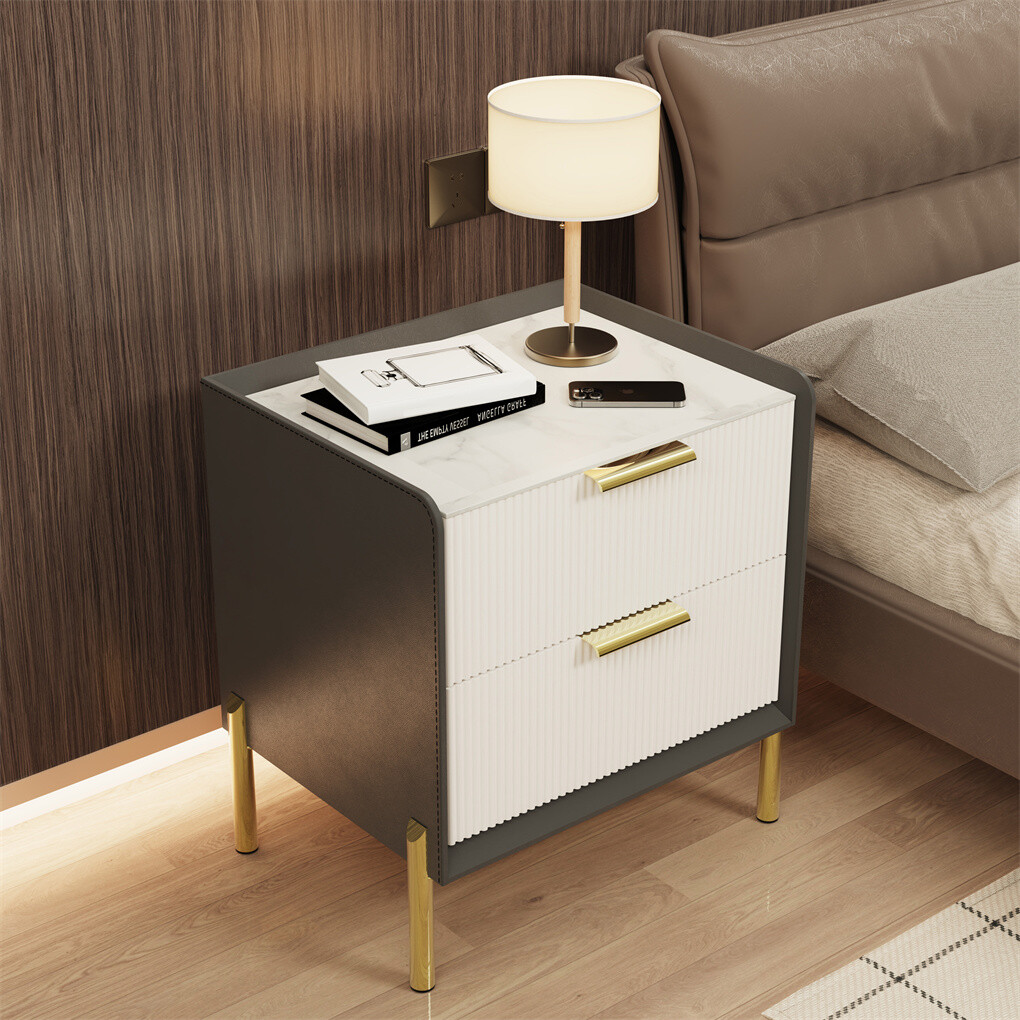 3 Tier Leather Sides Bedside Table Wooden Nighstand Marble Top Luxury Furniture view 3