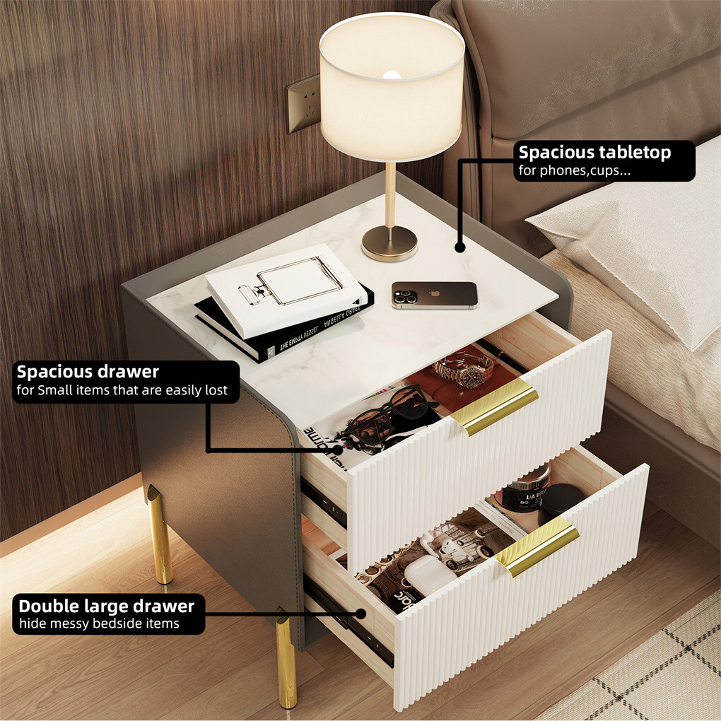 3 Tier Leather Sides Bedside Table Wooden Nighstand Marble Top Luxury Furniture view 4