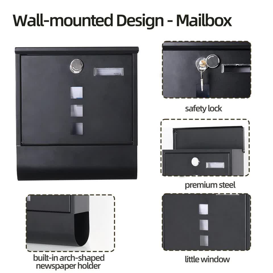 Lockable Mailbox Wall Mounted Mail Letter Post Box with Newspaper Holder Rack view 11