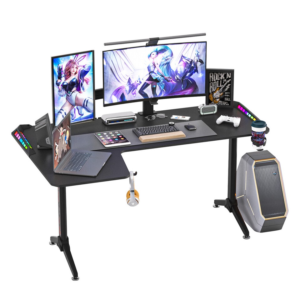 Black L-Shaped Gaming Desk w/ Storage Box view 2