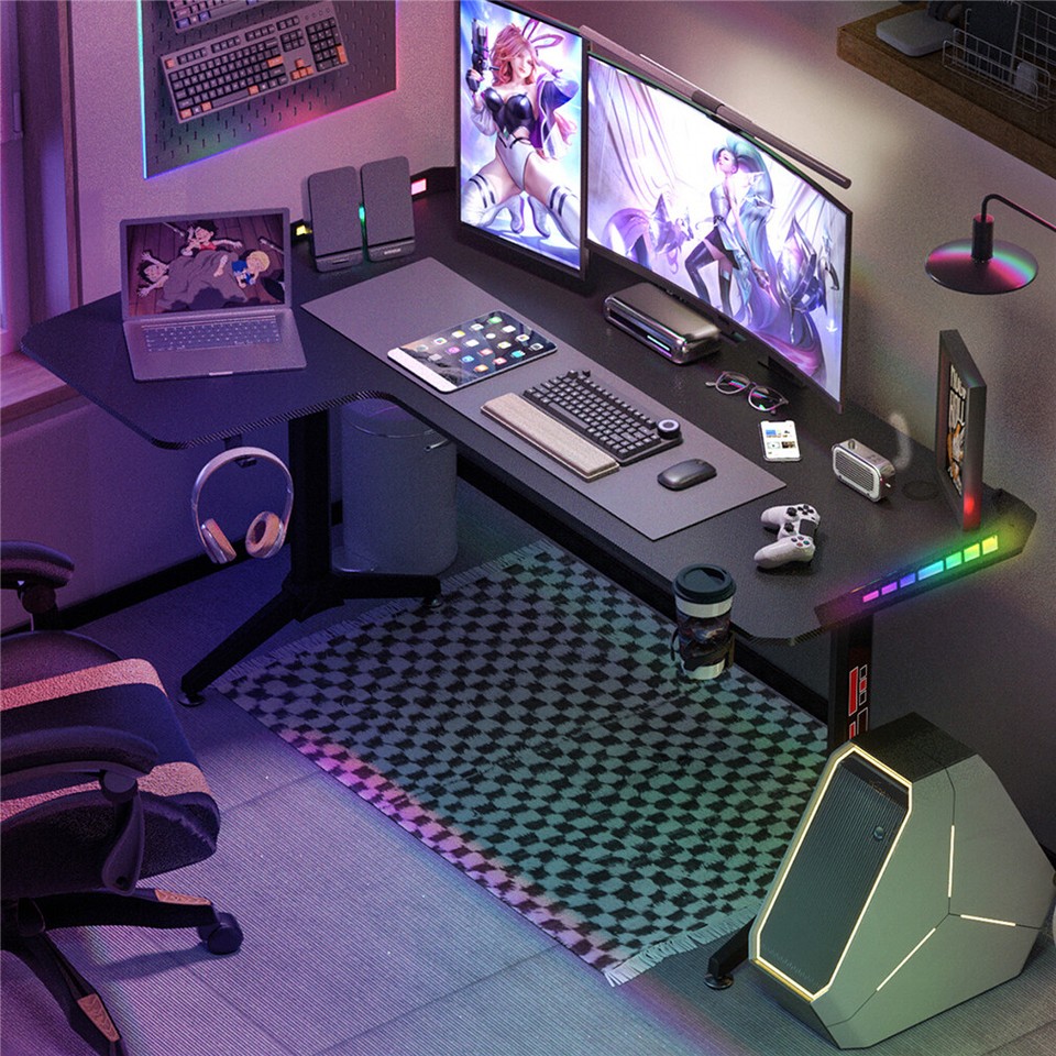 Black L-Shaped Gaming Desk w/ Storage Box view 3