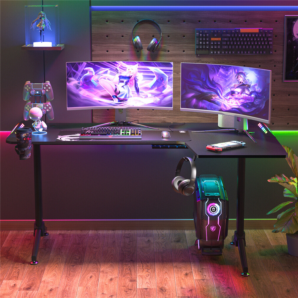 Multi-Style Pro Gaming Desk RGB LED L-Shaped PC Computer Studio Gamer Table view 2