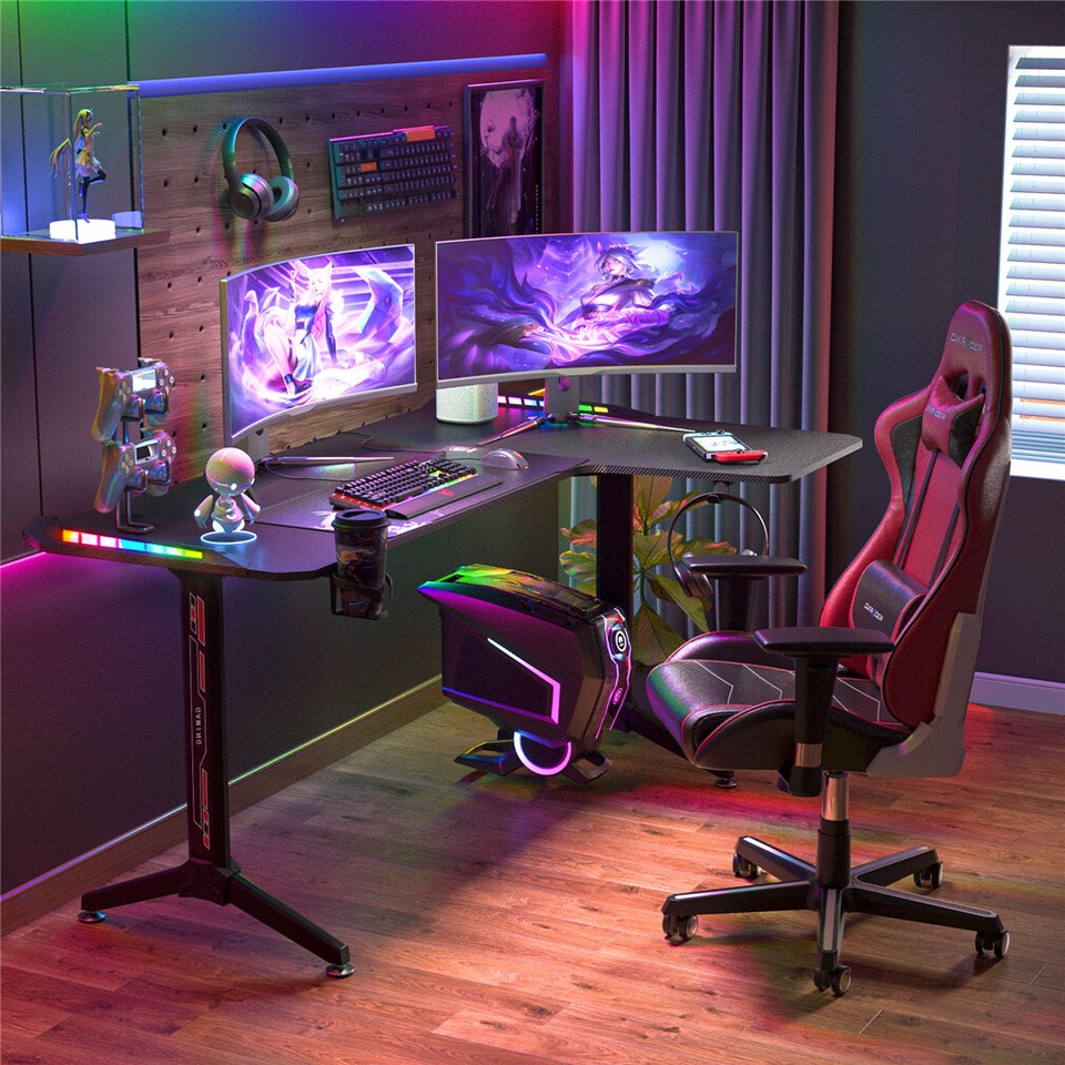 Multi-Style Pro Gaming Desk RGB LED L-Shaped PC Computer Studio Gamer Table view 3