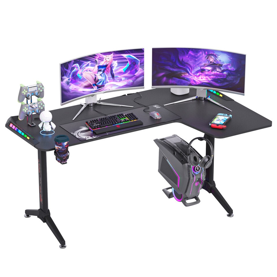 Multi-Style Pro Gaming Desk RGB LED L-Shaped PC Computer Studio Gamer Table view 5