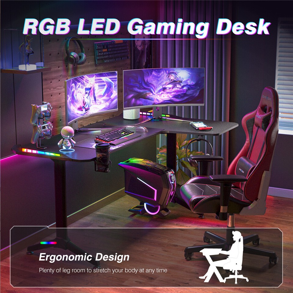 Multi-Style Pro Gaming Desk RGB LED L-Shaped PC Computer Studio Gamer Table view 6