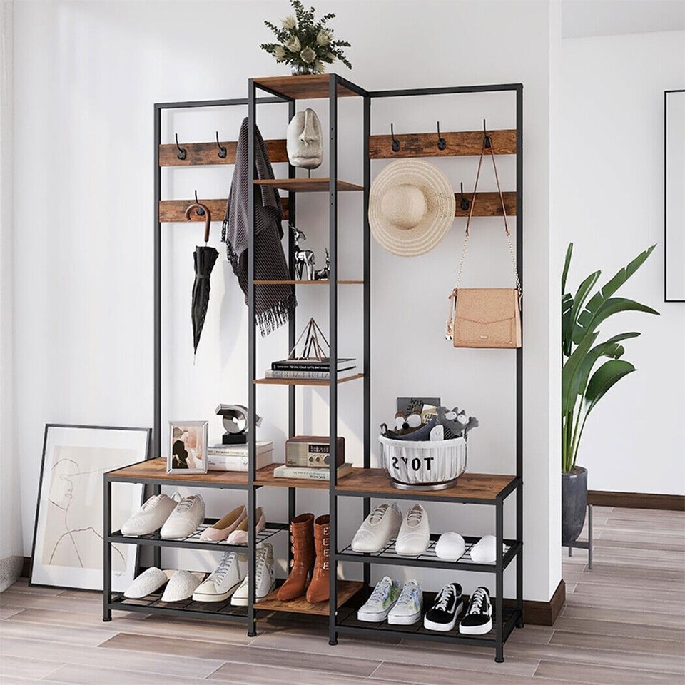 Xxl Corner Coat Stand Widen Depth Bench Shoe Rack Storage Shelves 10 Dual Hooks view 3