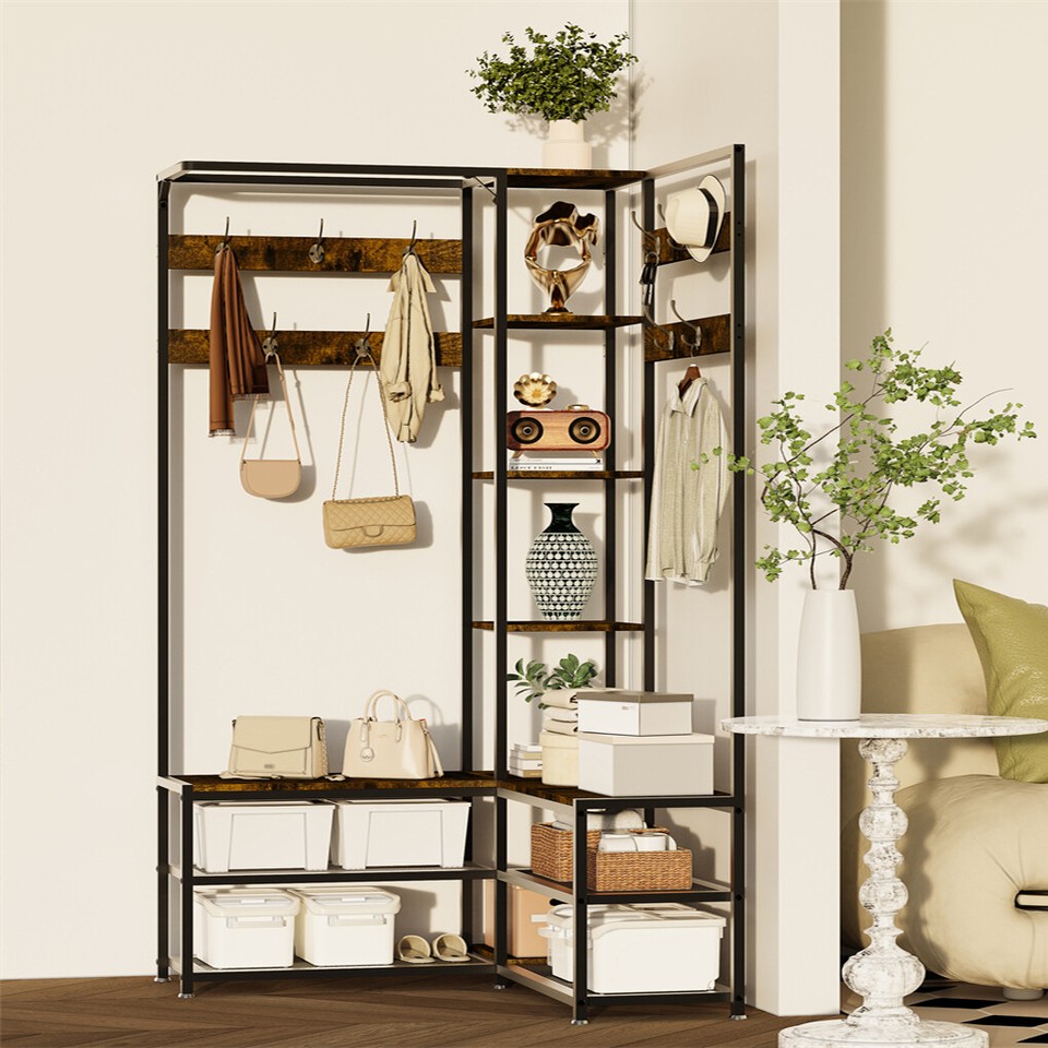 Xxl Corner Coat Stand Widen Depth Bench Shoe Rack Storage Shelves 10 Dual Hooks view 4