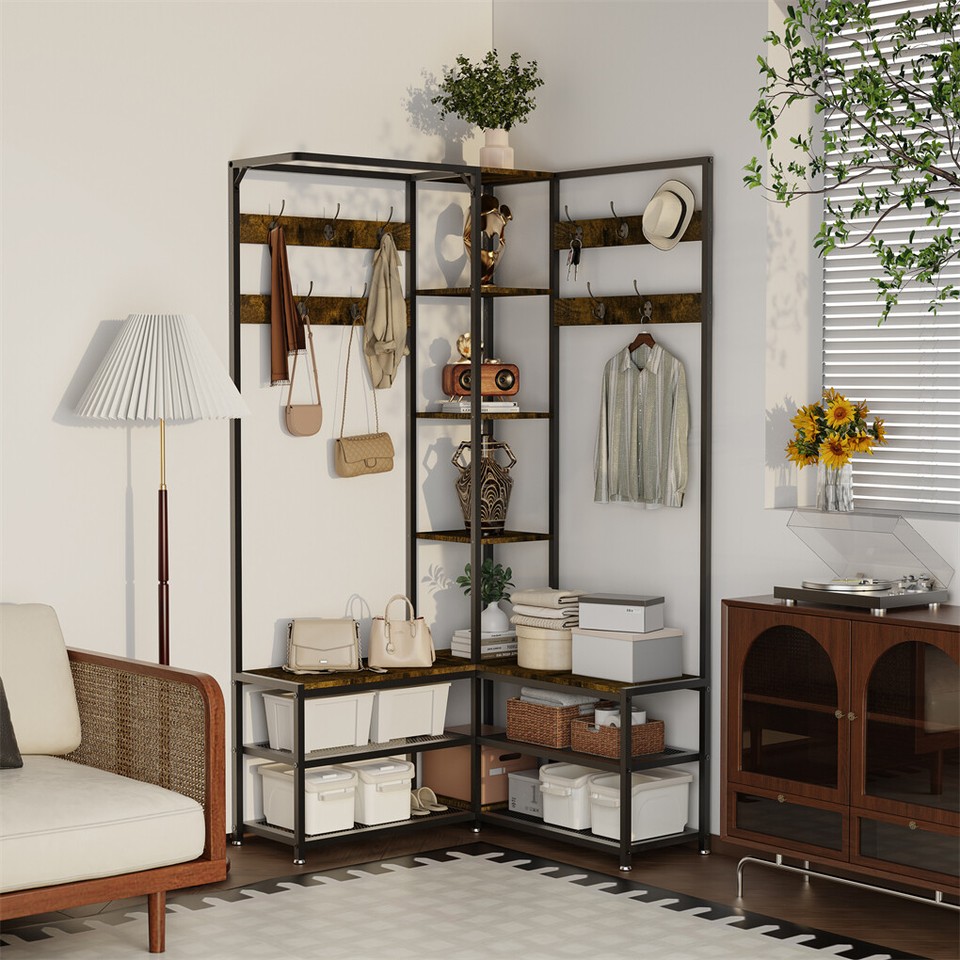 Xxl Corner Coat Stand Widen Depth Bench Shoe Rack Storage Shelves 10 Dual Hooks view 6