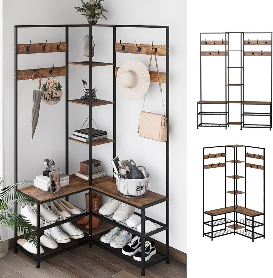 Xxl Corner Coat Stand Widen Depth Bench Shoe Rack Storage Shelves 10 Dual Hooks view 7