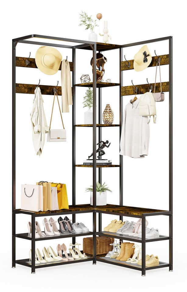 Xxl Corner Coat Stand Widen Depth Bench Shoe Rack Storage Shelves 10 Dual Hooks view 8