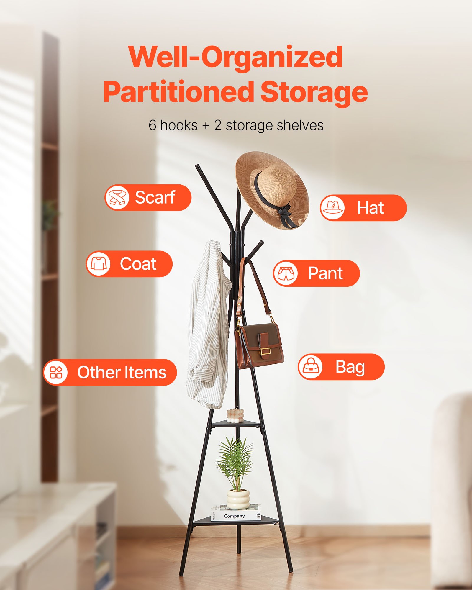 Gold Coat Rack, Freestanding Coats Rack Stand with 2 Shelves & 6 Hooks, Free view 5