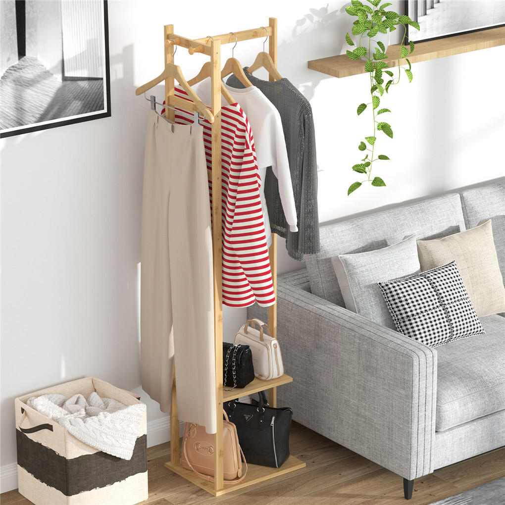 Versatile Strong Bamboo Clothes Hanger Rod Stand Scarf Hat Holder Storage Shelf view 4